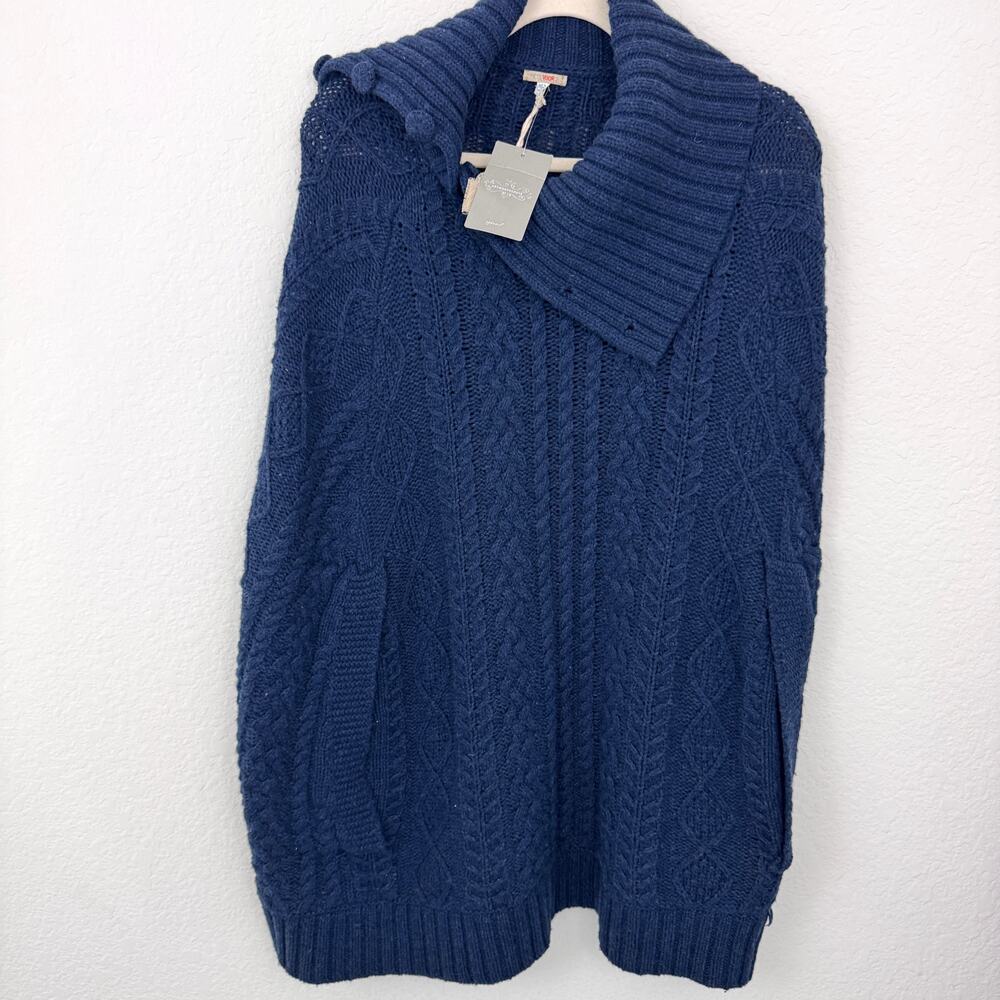 Anthro Fiets Voor 2 Women Cocoon Cable Knit Wool Blend Poncho Sz S/M Poncho Blue